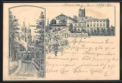 Lithographie Königswinter, Drachenburg mit Bergbahn, Drachenfels