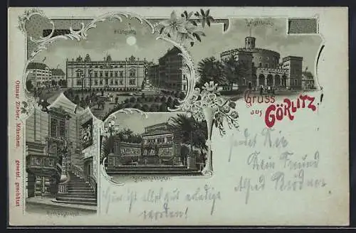 Mondschein-Lithographie Görlitz, Kaisertrutz, Postplatz, Kanonendenkmal