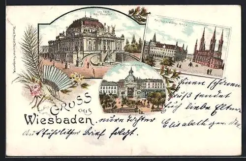 Lithographie Wiesbaden, neues kgl. Theater, Kochbrunnenanlage, Rathaus mit evangl. Kirche