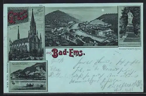 Mondschein-Lithographie Bad-Ems, Kursaal und Kurgarten, Neue katholische Kirche, Denkmal Kaiser Wilhelm I.