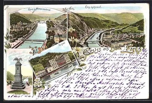 Lithographie Bad Ems, Krieger Denkmal, Kursaal, Blick auf die Stadt