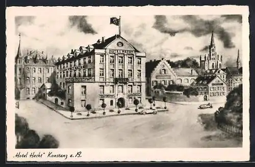 Künstler-AK Konstanz a. B., Hotel Hecht mit 