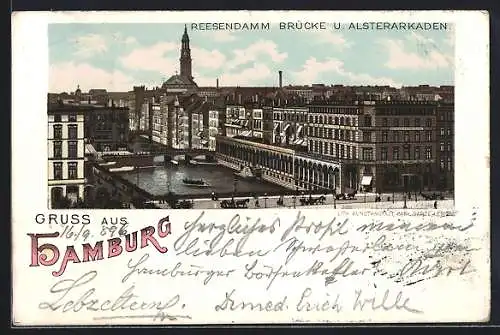 Lithographie Hamburg, Reesendammsbrücke und Alsterarkaden