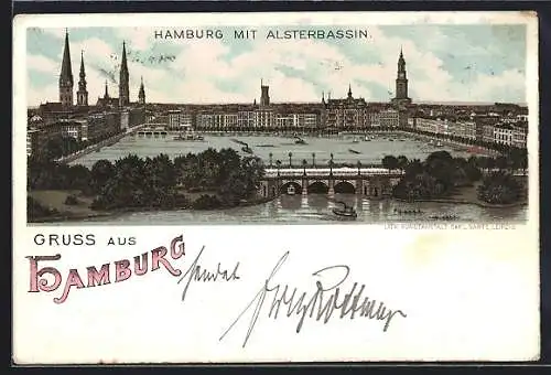 Vorläufer-Lithographie Hamburg-St.Georg, 1895, Teilansicht mit Alsterbassin