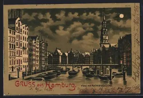 Lithographie Alt-Hamburg, Fleet mit Reimersbrücke bei Mondschein