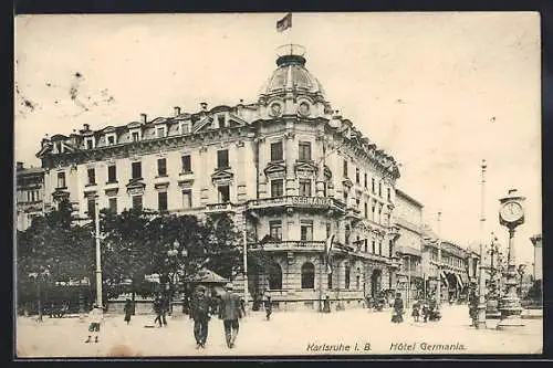 AK Karlsruhe i. B., Hotel Germania mit Strassenpartie