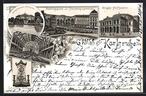 Lithographie Karlsruhe, Inneres Festhalle Gr. Saal, Friedrichsplatz mit Sammlungsgebäude, Grossherzogliches Hoftheater