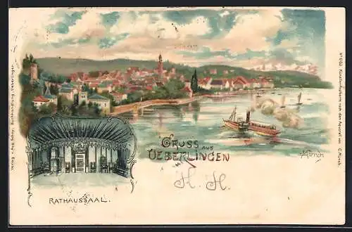 Lithographie Überlingen / Bodensee, Teilansicht, Inneres Rathaussaal