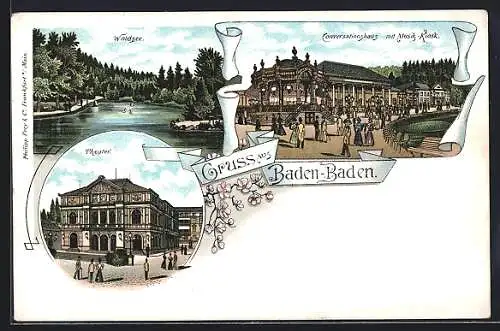 Lithographie Baden-Baden, Theater, Waldsee & Conversationshaus mit Musik-Kiosk