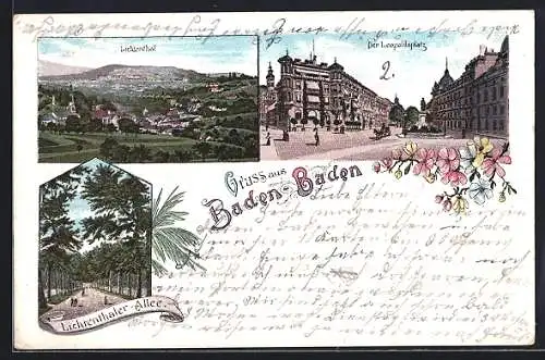 Lithographie Baden-Baden, Leopoldsplatz, Lichtenthal, Lichtenthaler Allee