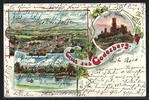 Lithographie Godesberg, Ortsansicht, Kurgarten, Ruine Godesberg