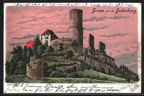 Lithographie Godesberg, Godesburg bei Sonnenuntergang