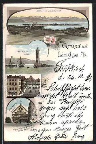 Lithographie Lindau i /B., Reichsplatz mit Zigarrengeschäft, Altes Rathaus, Hafeneinfahrt