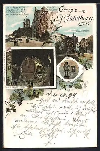 Lithographie Heidelberg, das Grosse Fass, Perkeo, Schloss