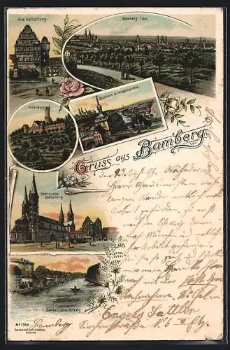 Lithographie Bamberg, Totalansicht, Alte Hofhaltung, Altenburg, Rathaus, Dom und Klein-Venedig