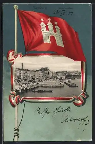 Passepartout-Lithographie Hamburg-Neustadt, Flagge mit Wappen und Jungfernstieg