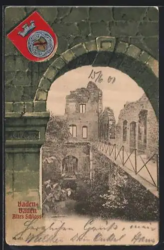 AK Baden-Baden, Altes Schloss durch Torbogen, Wappen, Passepartout