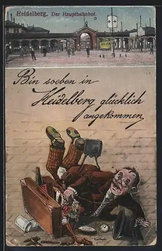 AK Heidelberg, Hauptbahnhof mit Strassenbahn, Mann mit Koffer ist ausgerutscht