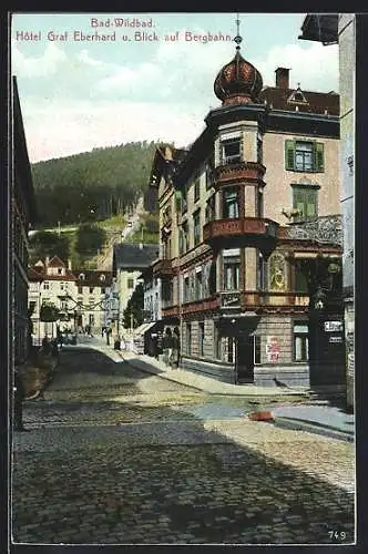 AK Bad-Wildbad, Hotel Graf Eberhard und Blick auf Bergbahn