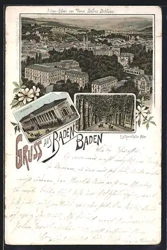 Lithographie Baden Baden, Totalansicht aus der Vogelschau, Trinkhalle, Lichtenthaler Allee