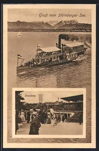 AK Starnberg, Passagiere am Bahnhof, MS Wittelsbach auf dem Stanberger See
