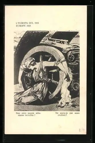Künstler-AK Louis Raemaekers: Europe 1916, Ne souis-je pas assez civilisèe?, ans Rad gebundene Frau