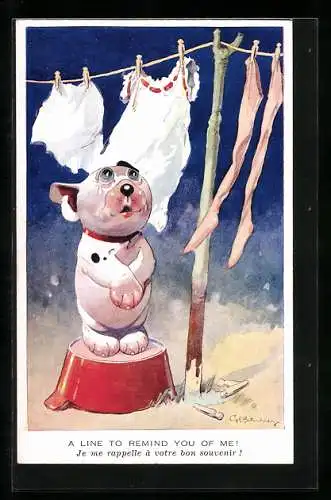 Künstler-AK George Ernest Studdy: Hund Bonzo unter einer Wäscheleine