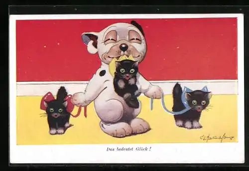 Künstler-AK George Ernest Studdy: Bonzo brings you good luck, schwarze Katzen