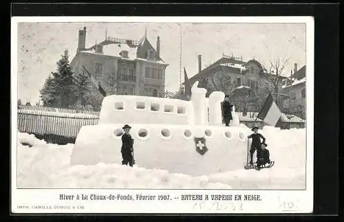 AK Chaux-de-Fonds, Bateau a Vapeur en Neige 1907, Eisplastik