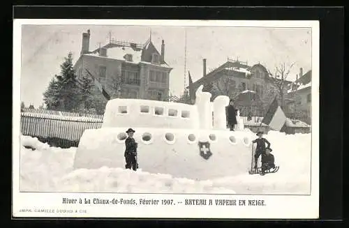 AK La Chaux-de-Fonds, Hiver 1907, Bateau a Vapeur en Neige, Eisplastik