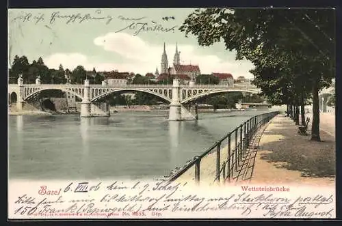 AK Basel, Uferpartie an der Wettsteinbrücke