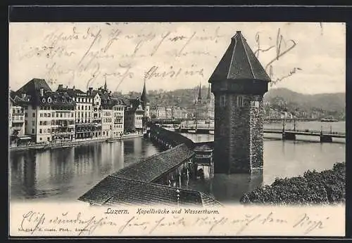 AK Luzern, Kapellbrücke und Wasserthurm