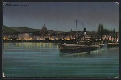 AK Genève, Hafen bei Nacht