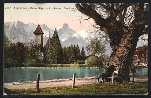 AK Thun, Scherzligen - Kirche mit Stockhorn, Thunersee