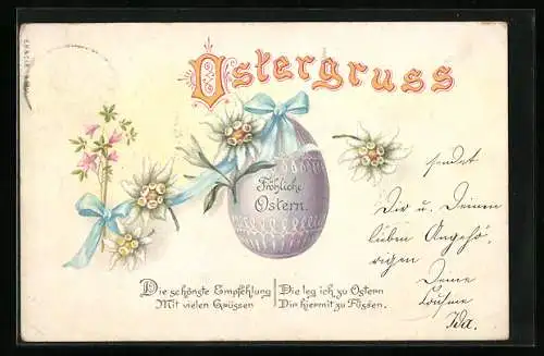 AK Fröhliche Ostern, Grosses Osterei mit blauer Schleife und Edelweiss