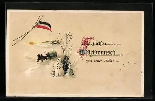 AK Schneemann mit Winterlandschaft und Reichsfahne, Neujahrsgruss