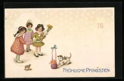 AK Fröhliche Pfingsten, Katze spielt mit Blumenstrauss