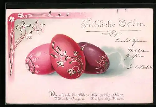 AK Rote Ostereier mit Blumenmuster, Fröhliche Ostern