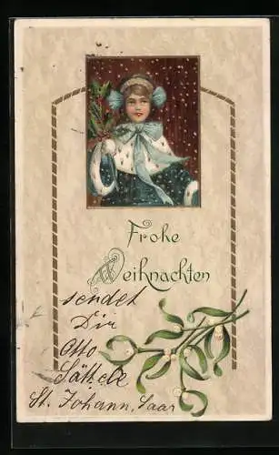 Präge-AK Frohe Weihnachten, Mädchen mit Stechpalmenzweig in der Hand im Mistel-Passepartout