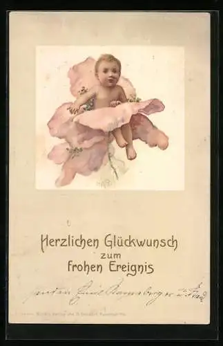 AK Glückwunsch zur Geburt, Baby in rosafarbener Blüte