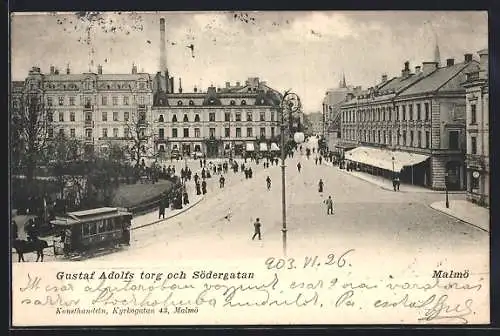 AK Malmö, Gustaf Adolfs torg och Södergatan, Pferdebahn