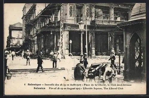 AK Salonique, Incendie des 18-20 Aout 1917, Place de la Liberté, le Club des Libéraux