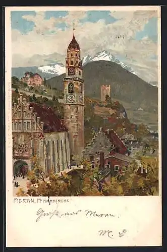 Künstler-AK Zeno Diemer: Meran, Blick auf die Pfarrkirche