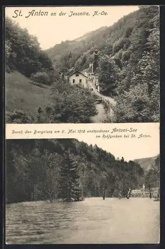 AK St. Anton an der Jessnitz, durch den Bergsturz am 6. Mai 1910 enstandener Anton-See im Reifgraben
