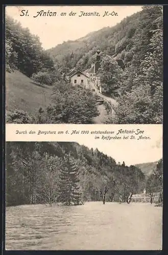 AK St. Anton an der Jessnitz, Durch den Bergsturz 1910 entstandener Antoni-See im Reifgraben