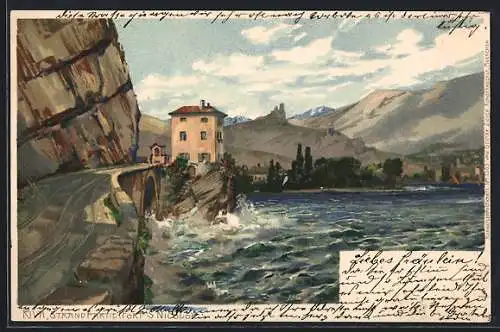 Künstler-Lithographie Zeno Diemer: Riva, Strandpartie (Fort S. Nicolo)