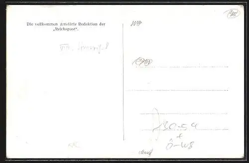 AK Wien, vollkommen zerstörte Redaktion der Reichspost am 15.7.1927 in der Strozzigasse nach der Julirevolte