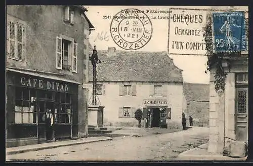 AK Ste-Geneviève /Aveyron, Café Divan, La Croix et la Place