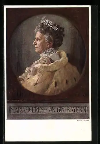 AK Königin Maria Therese von Bayern mit Diadem und Pelzmantel, Profilansicht