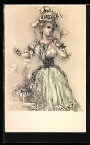 Lithographie Junge Frau im hellen taillierten Kleid mit grossem Hut und Blumen, Jugendstil